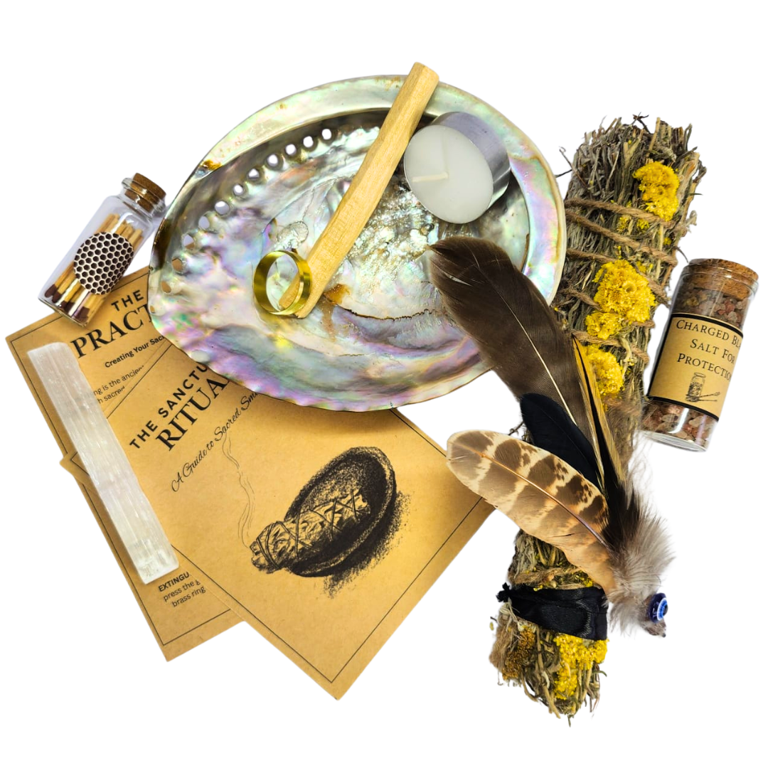 Luxury Sanctuary Imphepho Wand Smudging Gift - Abalone Shell, Palo Santo, Feather