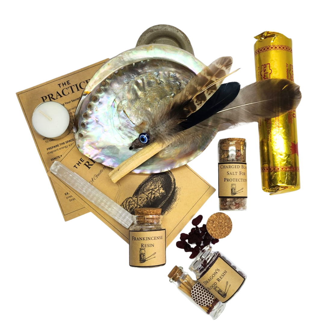 Luxury Sanctuary Crushed Sage Smudging Gift - Abalone Shell, Palo Santo, Feather