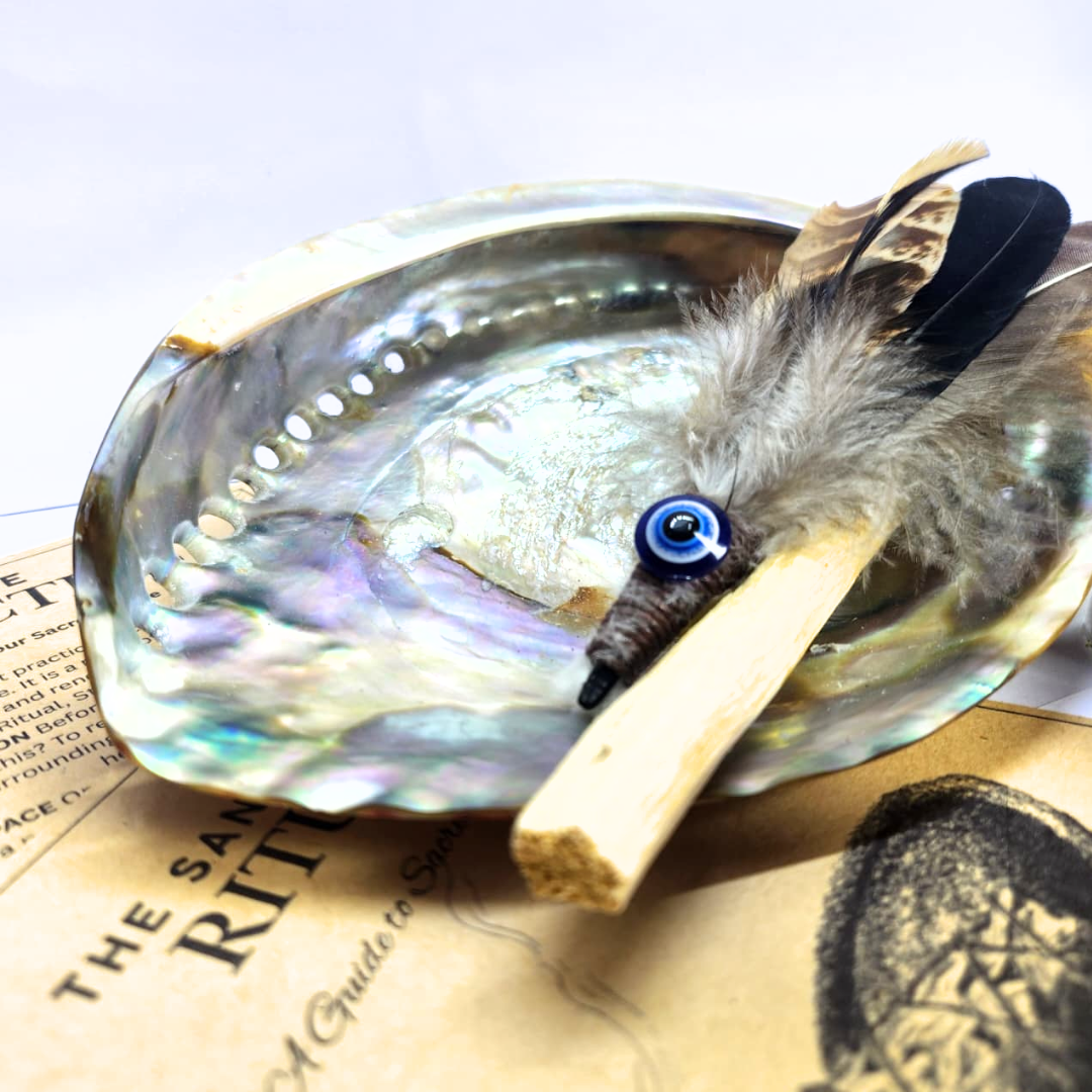 Luxury Sanctuary Crushed Sage Smudging Gift - Abalone Shell, Palo Santo, Feather